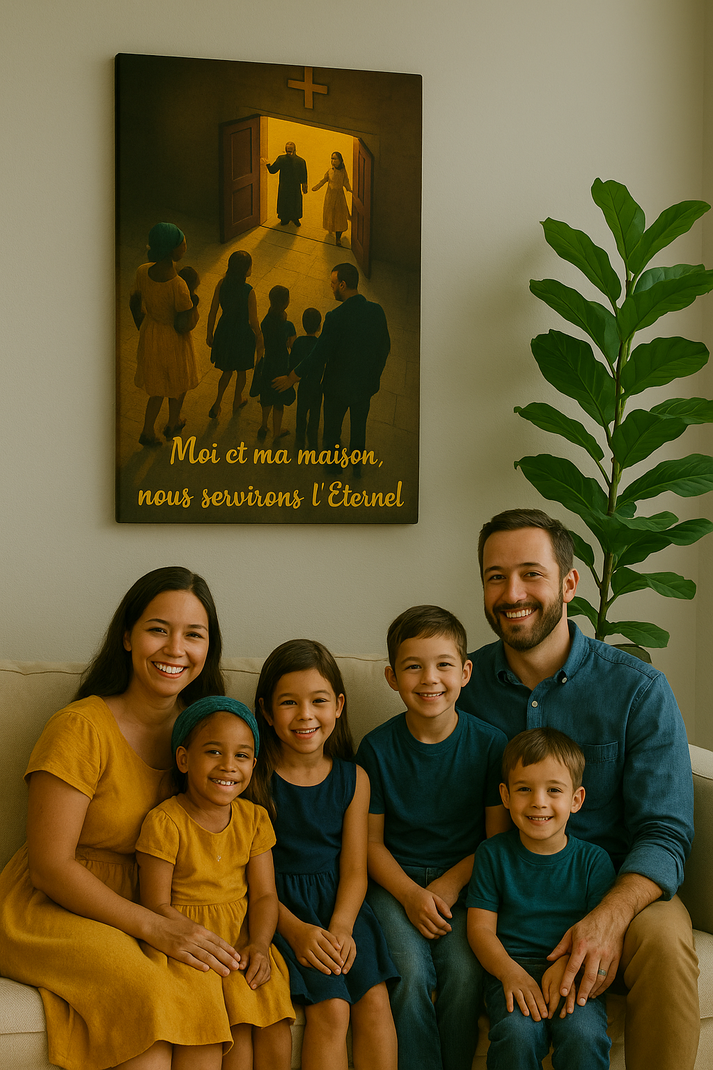 Famille assise dans un salon devant un tableau chrétien « Moi et ma maison, nous servirons l’Éternel », représentant des croyants marchant vers une église illuminée.