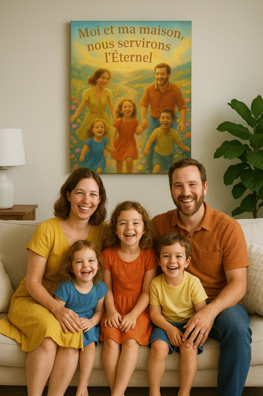Famille assise ensemble dans un salon devant un tableau chrétien « Moi et ma maison, nous servirons l’Éternel ».