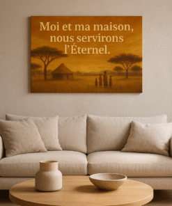 Tableau biblique « Moi et ma maison, nous servirons l’Éternel » (Josué 24:15) accroché au mur d’un salon moderne avec un canapé beige et une table basse minimaliste, décoré dans un style chaleureux et épuré.