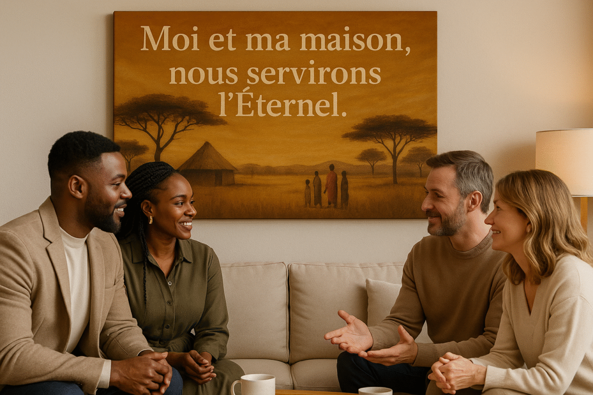 Tableau biblique « Moi et ma maison, nous servirons l’Éternel » (Josué 24:15) accroché au mur d’un salon moderne, avec deux couples assis sur un canapé, échangeant et souriant ensemble.