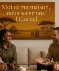 Tableau biblique « Moi et ma maison, nous servirons l’Éternel » (Josué 24:15) accroché au mur d’un salon moderne, avec deux couples assis sur un canapé, échangeant et souriant ensemble.