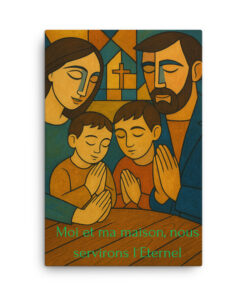 Décoration murale religieuse – Famille en prière devant la croix