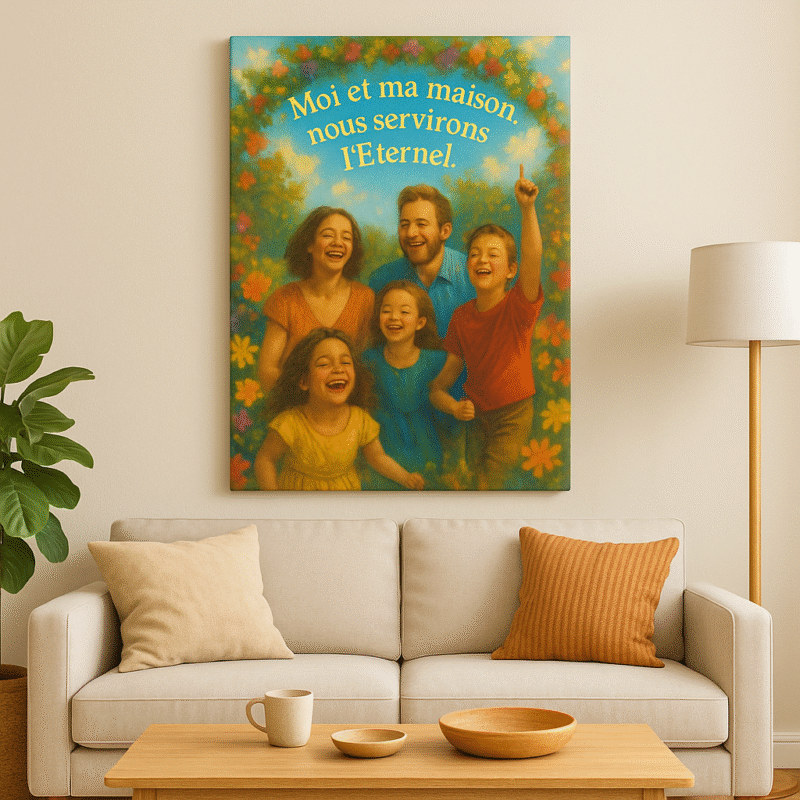 Tableau chrétien Josué 24:15 accroché dans un salon moderne, montrant une famille joyeuse unie dans la foi.
