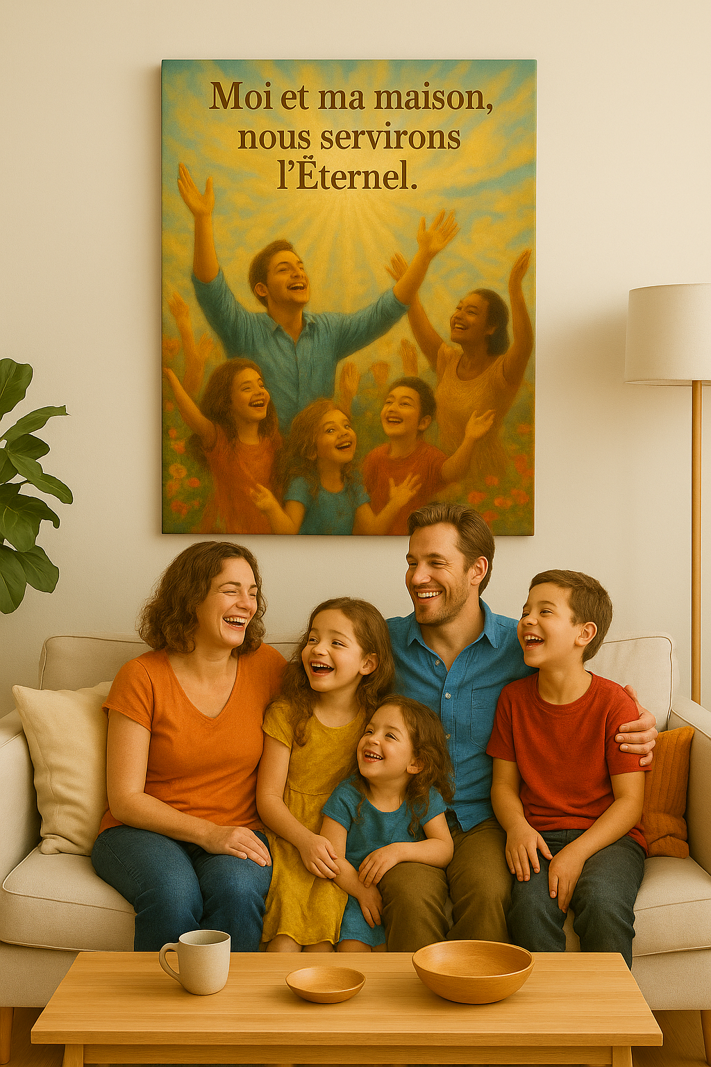Famille souriante assise dans un salon moderne admirant un tableau chrétien avec le verset biblique Josué 24:15 : « Moi et ma maison, nous servirons l’Éternel ».