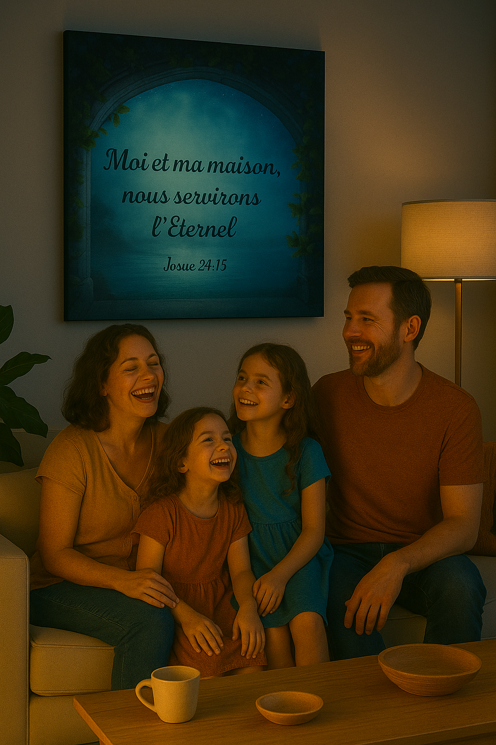 Famille souriante dans un salon avec tableau chrétien « Moi et ma maison, nous servirons l’Éternel » – Josué 24:15