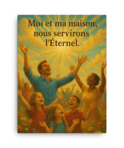 Tableau chrétien représentant une famille en louange, les mains levées vers le ciel rayonnant de lumière divine, accompagné du verset Josué 24:15 « Moi et ma maison, nous servirons l’Éternel ».