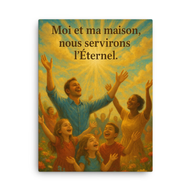Tableau chrétien représentant une famille en louange, les mains levées vers le ciel rayonnant de lumière divine, accompagné du verset Josué 24:15 « Moi et ma maison, nous servirons l’Éternel ».