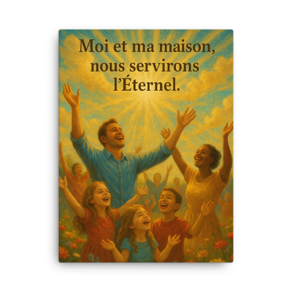 Tableau chrétien représentant une famille en louange, les mains levées vers le ciel rayonnant de lumière divine, accompagné du verset Josué 24:15 « Moi et ma maison, nous servirons l’Éternel ».