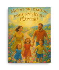 Tableau chrétien coloré représentant une famille joyeuse marchant main dans la main dans un chemin fleuri, accompagné du verset biblique Josué 24:15 « Moi et ma maison, nous servirons l’Éternel ».