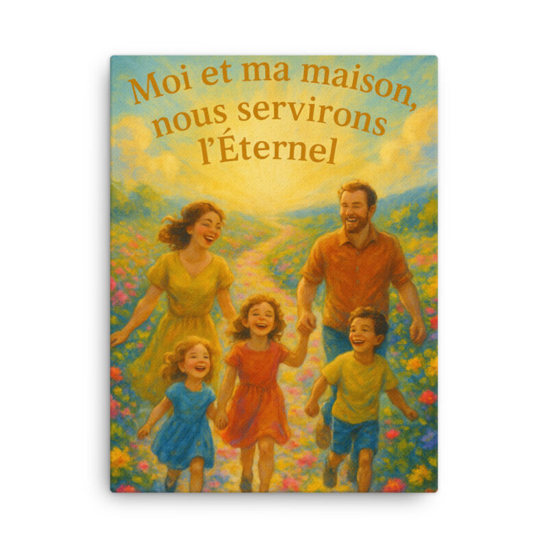 Tableau chrétien coloré représentant une famille joyeuse marchant main dans la main dans un chemin fleuri, accompagné du verset biblique Josué 24:15 « Moi et ma maison, nous servirons l’Éternel ».