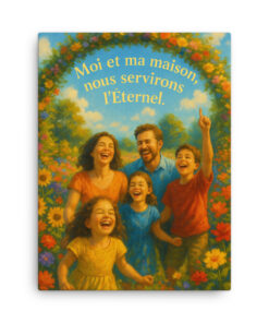 Tableau chrétien coloré représentant une famille joyeuse entourée de fleurs, levant les yeux vers le ciel, accompagné du verset Josué 24:15 « Moi et ma maison, nous servirons l’Éternel ».