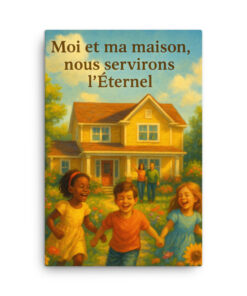 Tableau chrétien représentant des enfants joyeux jouant devant une maison familiale, accompagné du verset biblique Josué 24:15 « Moi et ma maison, nous servirons l’Éternel ».