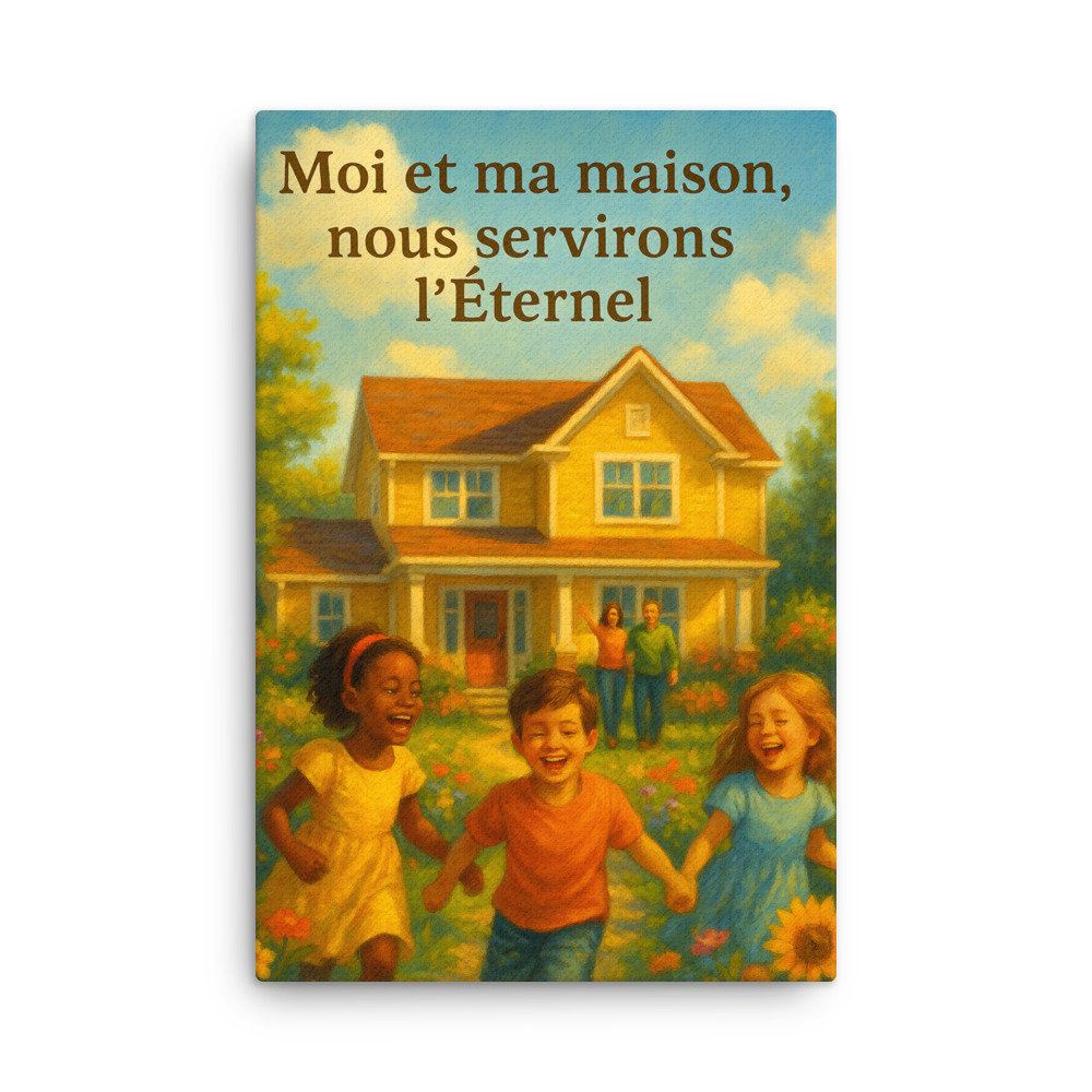Tableau chrétien représentant des enfants joyeux jouant devant une maison familiale, accompagné du verset biblique Josué 24:15 « Moi et ma maison, nous servirons l’Éternel ».